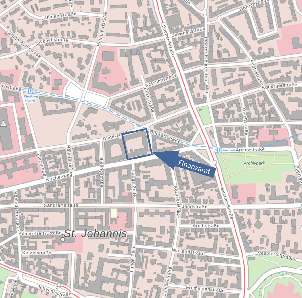  Lageplan Kirchenweg mit Markierung des Finanzamts Nürnberg-Nord